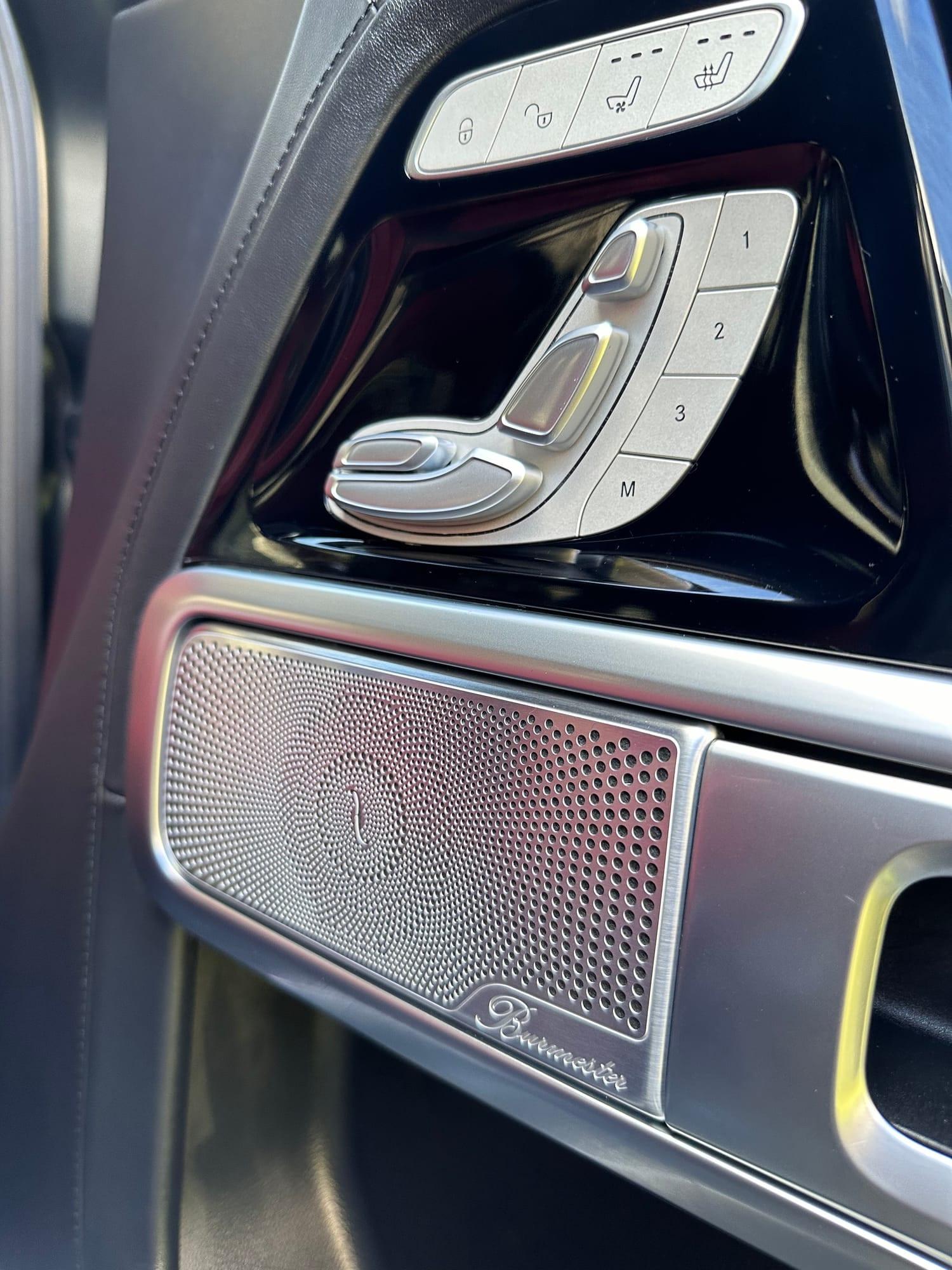 Mercedes-AMG G63 — seat memory controls and Burmester speaker grille, after detailing