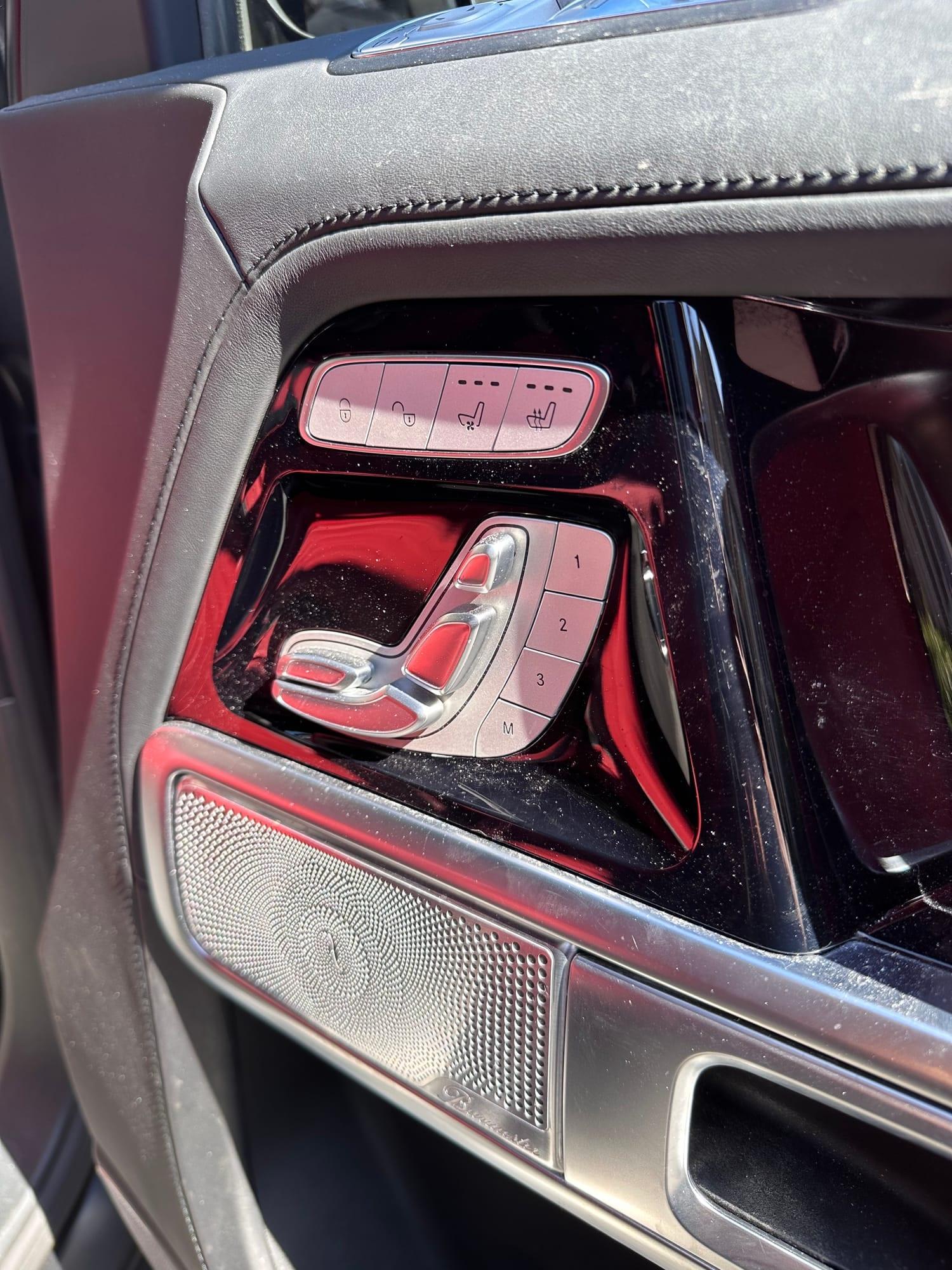 Mercedes-AMG G63 — seat memory controls and Burmester speaker grille, before detailing